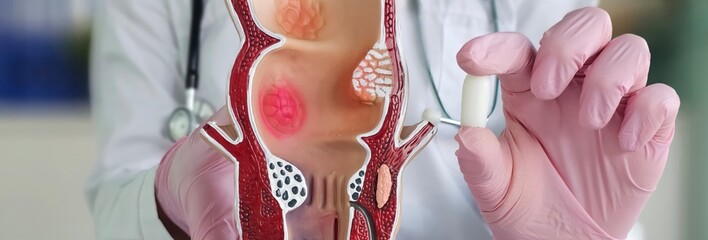 Proctologist doctor holds rectal suppository and artificial model of human rectum concept