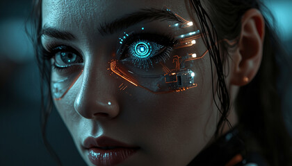 A futuristic woman with a cybernetic eye implant and a serious expression