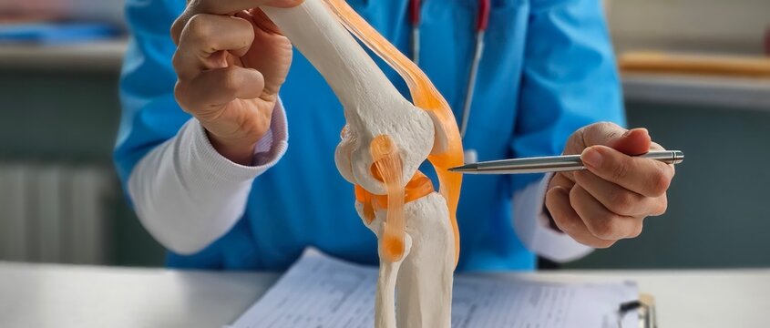 Doctor shows anatomy of structure of human knee joint concept