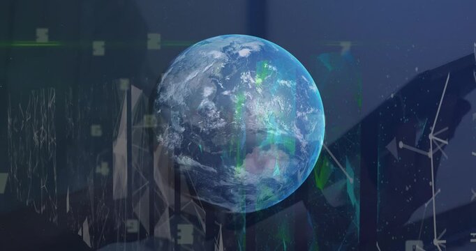 Animation of screens with plexus networks over globe against mid section of person using treadmill