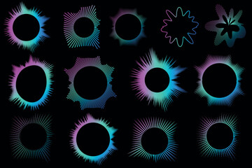 A set of multicolor equalizers made of burst beams. Radial sound, neon sound waves. Music symbol, circular sound waves, digital communication. 