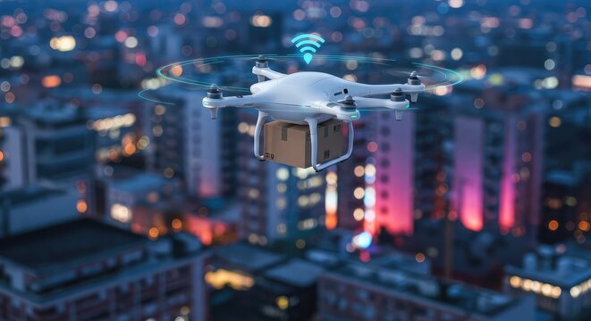 Drone flying over city at dusk with cardboard box attached, urban delivery concept with blurred background lights - Powered by Adobe