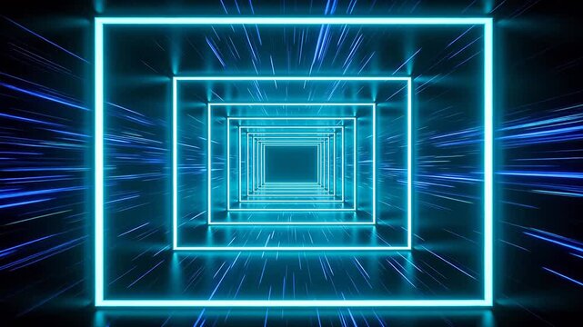 Square neon light tunnel with deep perspective and radiating beams