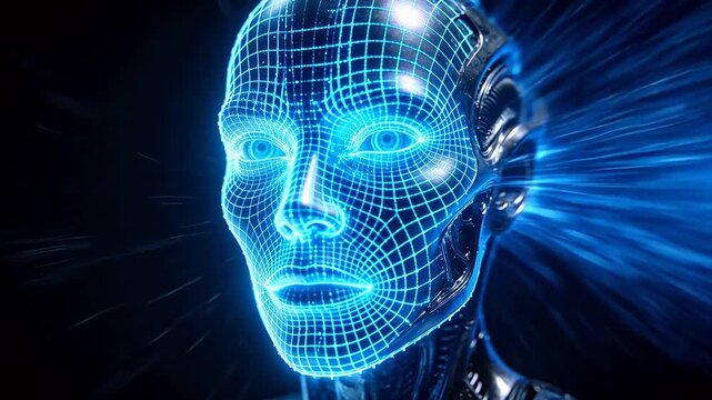 Digital robotic head profile with glowing blue mesh network