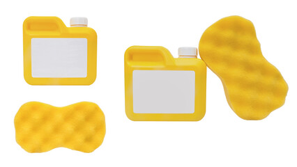 Gallon of washing car liquid and yellow sponge isolated.