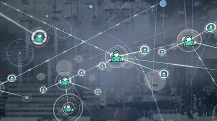 Animation of network of connections over cityscape - Powered by Adobe