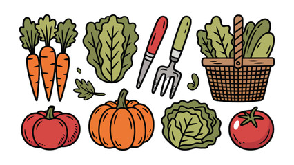 Harvest Bounty: A vibrant collection of fresh produce and gardening tools, showcasing a celebration of nature's offerings and the rewards of gardening.