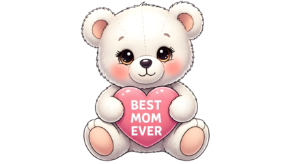 Mother's day best mom ever white teddy bear holding heart isolated on transparent background