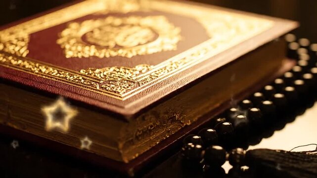A close-up view of an ornate religious book with intricate designs and patterns on a dark surface