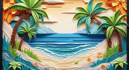 Tropical Beach Scene with Palm Trees and Ocean.