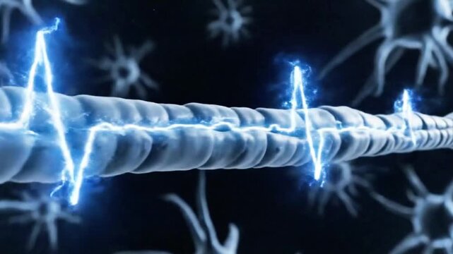 Action potential traveling along myelinated neuron