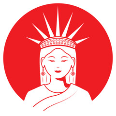 Line art illustration vector of beautiful lady with sun ray crown drawing in red and white