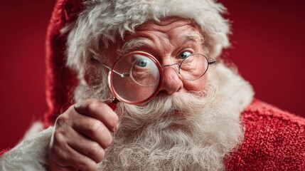 Santa Claus Holding Magnifying Glass with Playful Expression