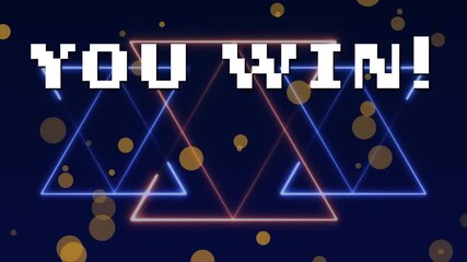 Animation of you win text banner and yellow spots over neon geometric shapes on blue background - Powered by Adobe