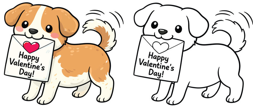 Adorable puppy dog clutching Love letter envelope vector art for Valentine's Day Children's coloring book featuring a cartoon pet with a heart