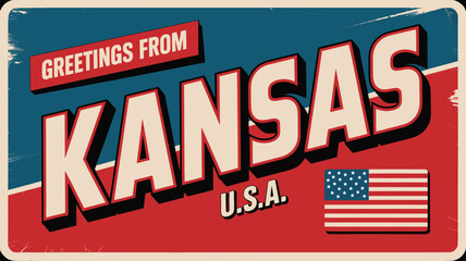 Retro vintage postcard design with bold typography saying greetings from kansas usa, patriotic red white blue background, american flag detail, nostalgic americana travel souvenir illustration © VectorCraze
