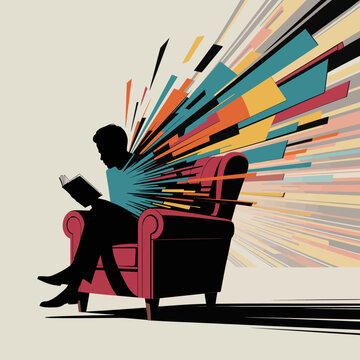A silhouette of a person reading in a cozy chair, with vibrant abstract shapes bursting outward, symbolizing the transformative power of literature and imagination.