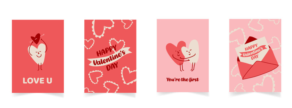 Modele de cartes pour la Saint Valentin. Envoyer son amour avec des illustration fait main : personnage en forme de coeur et ruban "happy Valentine's day". Modele vectoriel  rose