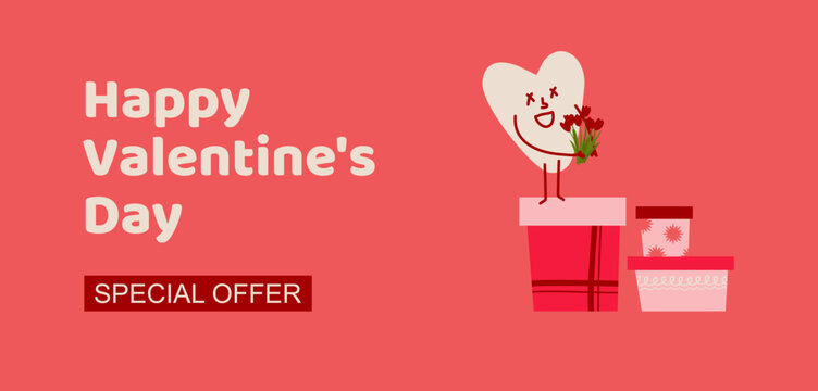 Modele de couverture pour la Saint-Valentin sur son site internet. Illustration vectorielle personnage en forme de coeur sur une pile de cadeaux, offrant des fleurs rouge