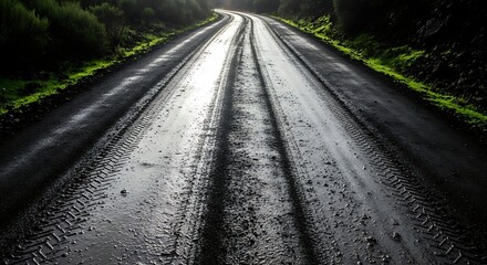 Rural Road with Tire Tracks and Shadows.