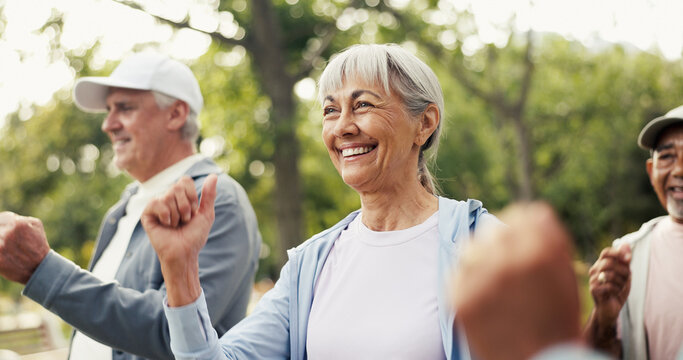 Fitness, retirement and step class with old woman outdoor for activity, health or wellness routine. Exercise, mobility and morning with group of happy senior people in park together for workout
