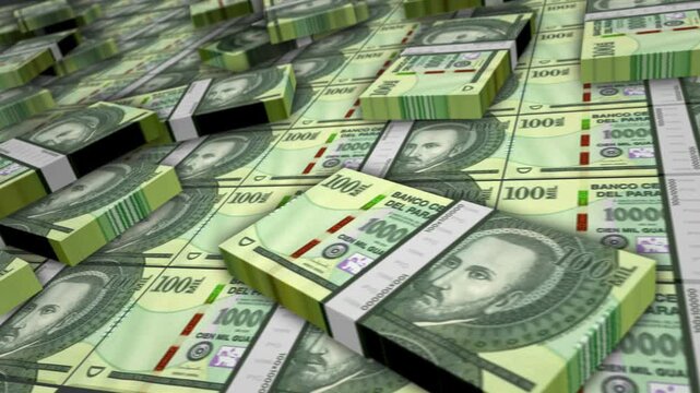 Paraguay guarani Paraguayan money banknote bundle loop. 100000 PYG money stacks. Concept of business, economy, banking and finance. Camera over cash packs loopable seamless 3d.