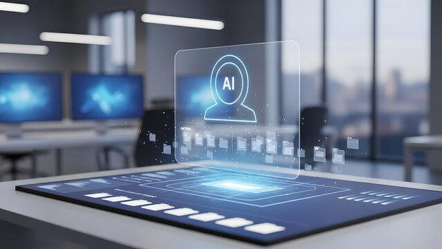 Intelligent ai agent managing digital files and documents on holographic desktop interface in modern professional office