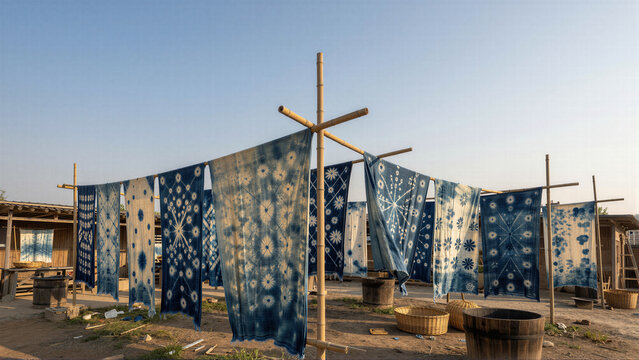 Multiple rows of blue indigo-dyed cloths with various geometric patterns hang from bamboo poles against a clear sky in a professional dyeing facility.