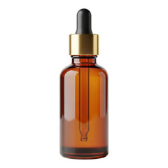 Amber glass dropper bottle with gold cap isolated on transparent background