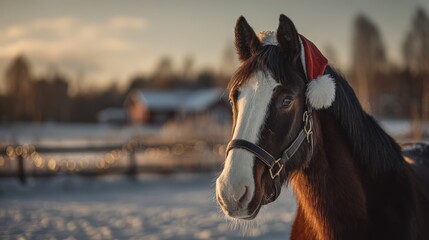 Obraz premium Horse Wearing Santa Hat in Winter Landscape