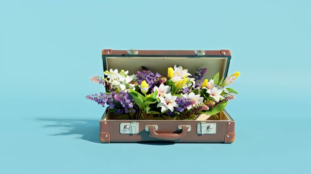Open suitcase packed with fresh flowers on light blue background. Clean and cheerful composition for spring, travel, eco-lifestyle, or creative floral themes