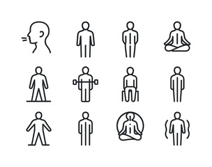 Obraz premium Holistic Alignment Icons. Holistic body alignment. Line icon set of holistic body alignment: breath-body connection, balanced energy line, body scan