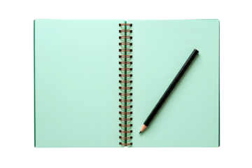 Open notebook and pencil isolated on transparent background