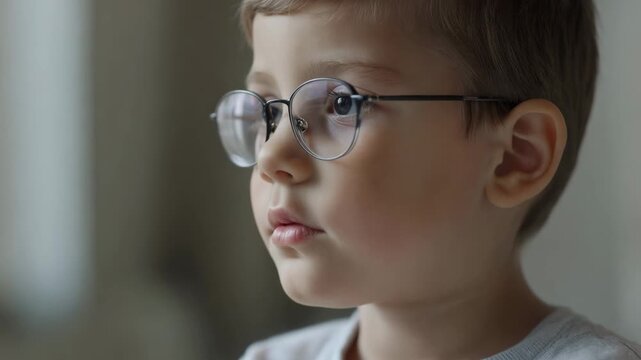 Child wearing eyeglasses in side profile with focused off-camera gaze on soft neutral background