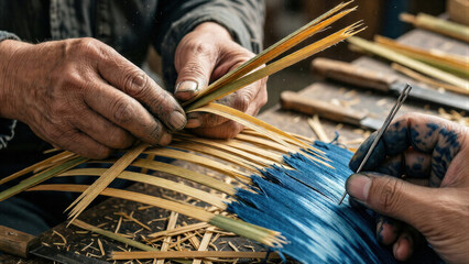 Skilled artisan hands carefully weaving traditional bamboo strips for handmade crafts, highlighting the intricate process of ancient Chinese folk art.