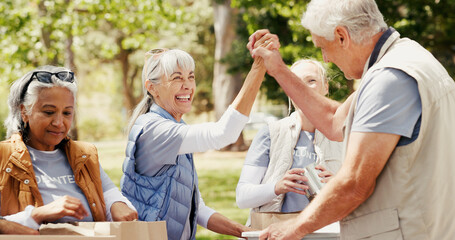 Volunteer, donations and people in park with high five, motivation and collaboration in relief campaign. Happy, man or woman outdoor with success, teamwork and distribution in charity project.