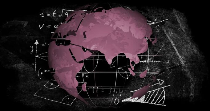 Grid sphere materializing launching chalk formulas drawing around globe rotating right for mapping