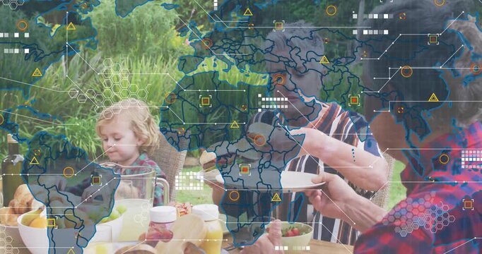 Woman reaching for burger tray, serving meal in garden with tech world map overlay showing data