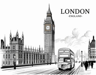 Obraz premium This artistic representation of London features the iconic Big Ben clock tower, a traditional red double-decker bus, and the historical architecture, capturing city life.