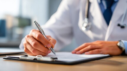 Doctor is writing on a clipboard. The clipboard is on a table. The doctor is wearing a white coat