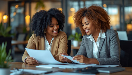 Two professional women reviewing documents in a modern office setting with a warm atmosphere
