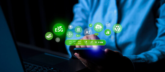 Business owners use mobile applications to monitor sustainability metrics. ECO and AI icons float above the device. Sustainable green business management in the digital age.