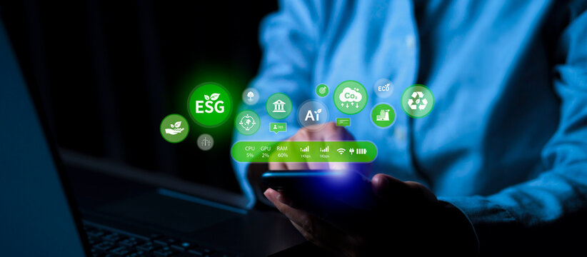 Business owners use mobile applications to monitor sustainability metrics. ECO and AI icons float above the device. Sustainable green business management in the digital age. - Powered by Adobe