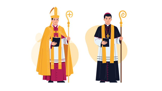 Catholic clergy characters, including a bishop in ornate golden vestments and another prelate holding a crosier and bible.