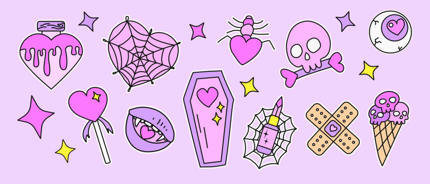 Cute gothic valentine sticker design pack, kawaii gothic clip art element