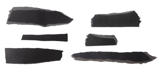 Set of torn black paper strips with rough teared edges, matte surface, and irregular elongated