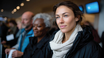 Fototapeta premium A diverse group of travelers stands at an airport check-in area, showcasing expressions of anticipation and curiosity, reflecting the emotions tied to travel and adventure.