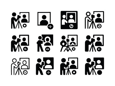 Studio Portrait Icon Set. Taking portraits in a studio. Icon set. Set Logo of Taking portraits in a studio: exposure meter. harmonious logo variations of the