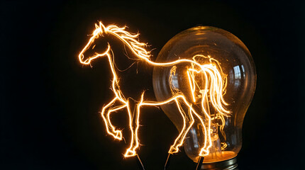 Idea lightbulb with a glowing horse filament - innovation, power, and strategy concept