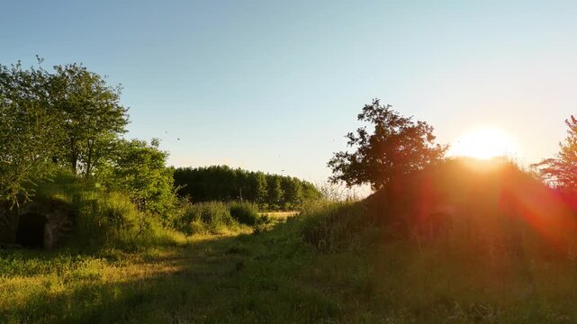 Enchanted Secret Village of Grass-Covered Homes &ndash; Drone Aerial View, Birds Soaring, Magical Sun Rays